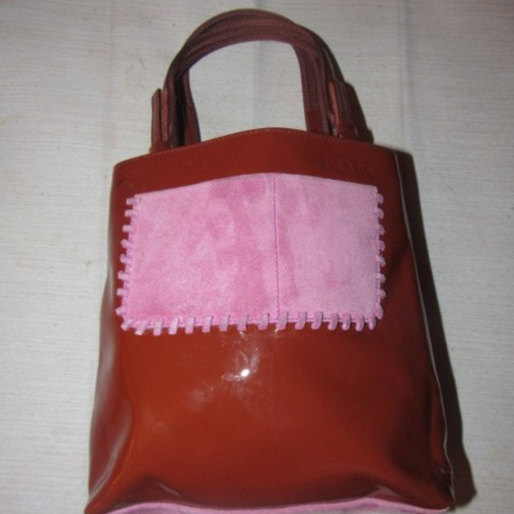 Prada Vintage Red Patent Leather And Pink Suede Designer Satchel Purse